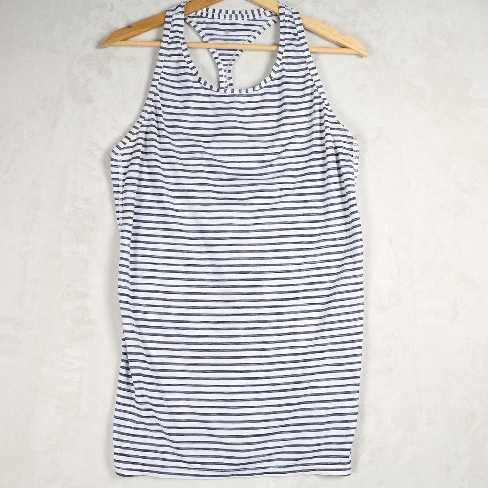 Athleta Womens Striped Racerback Tank Top Navy White Small Activewear Yoga Gym